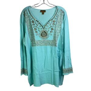 Midnight Velvet Tunic Top‎ Womens Size Large Green Sequin V-Neck Long Sleeve
